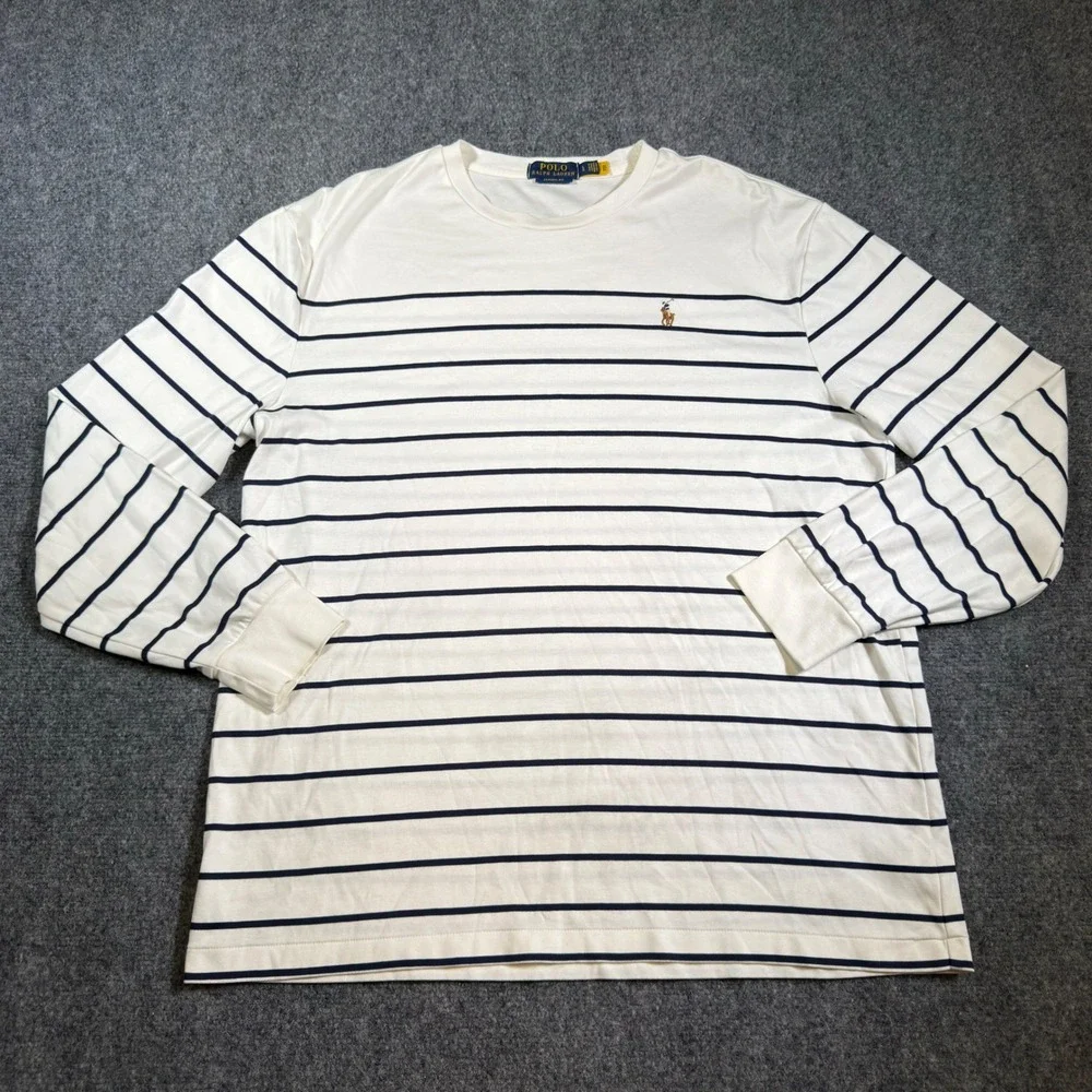 Polo Ralph Lauren Classic Fit Striped Long Sleeve T-Shirt Mens L White Navy